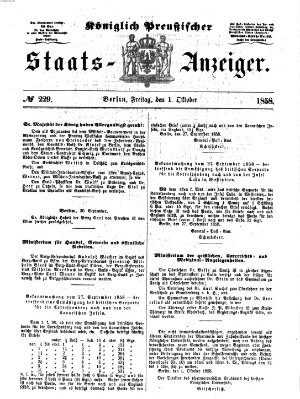 Königlich Preußischer Staats-Anzeiger (Allgemeine preußische Staats-Zeitung) Freitag 1. Oktober 1858