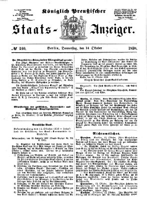 Königlich Preußischer Staats-Anzeiger (Allgemeine preußische Staats-Zeitung) Donnerstag 14. Oktober 1858