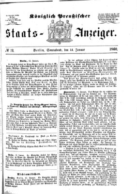 Königlich Preußischer Staats-Anzeiger (Allgemeine preußische Staats-Zeitung) Samstag 14. Januar 1860