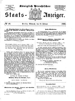 Königlich Preußischer Staats-Anzeiger (Allgemeine preußische Staats-Zeitung) Mittwoch 15. Februar 1860