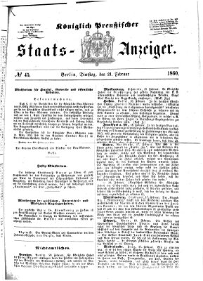 Königlich Preußischer Staats-Anzeiger (Allgemeine preußische Staats-Zeitung) Dienstag 21. Februar 1860