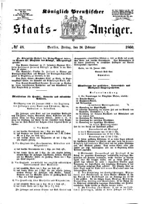 Königlich Preußischer Staats-Anzeiger (Allgemeine preußische Staats-Zeitung) Freitag 24. Februar 1860