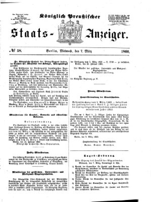 Königlich Preußischer Staats-Anzeiger (Allgemeine preußische Staats-Zeitung) Mittwoch 7. März 1860