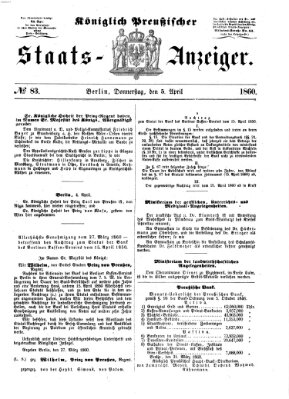 Königlich Preußischer Staats-Anzeiger (Allgemeine preußische Staats-Zeitung) Donnerstag 5. April 1860