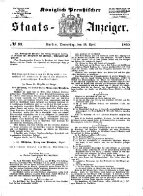 Königlich Preußischer Staats-Anzeiger (Allgemeine preußische Staats-Zeitung) Donnerstag 19. April 1860