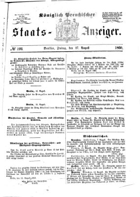 Königlich Preußischer Staats-Anzeiger (Allgemeine preußische Staats-Zeitung) Freitag 17. August 1860