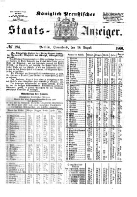 Königlich Preußischer Staats-Anzeiger (Allgemeine preußische Staats-Zeitung) Samstag 18. August 1860