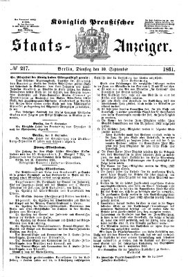 Königlich Preußischer Staats-Anzeiger (Allgemeine preußische Staats-Zeitung) Dienstag 10. September 1861