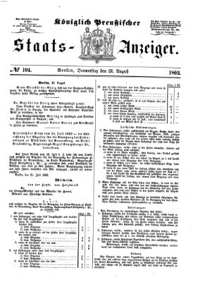 Königlich Preußischer Staats-Anzeiger (Allgemeine preußische Staats-Zeitung) Donnerstag 21. August 1862