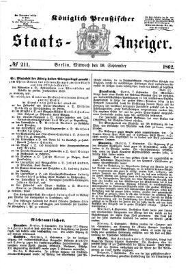 Königlich Preußischer Staats-Anzeiger (Allgemeine preußische Staats-Zeitung) Mittwoch 10. September 1862