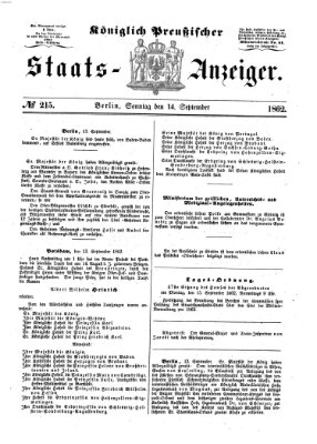 Königlich Preußischer Staats-Anzeiger (Allgemeine preußische Staats-Zeitung) Sonntag 14. September 1862