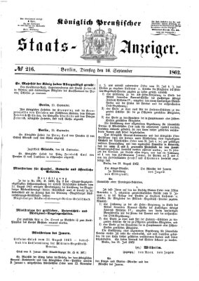 Königlich Preußischer Staats-Anzeiger (Allgemeine preußische Staats-Zeitung) Dienstag 16. September 1862