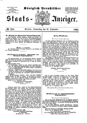 Königlich Preußischer Staats-Anzeiger (Allgemeine preußische Staats-Zeitung) Donnerstag 18. September 1862