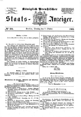 Königlich Preußischer Staats-Anzeiger (Allgemeine preußische Staats-Zeitung) Dienstag 7. Oktober 1862