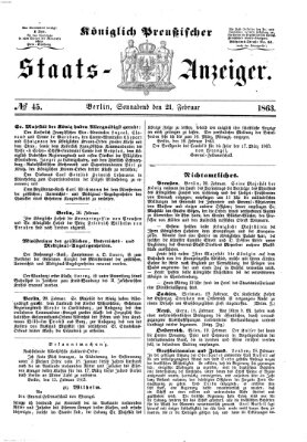 Königlich Preußischer Staats-Anzeiger (Allgemeine preußische Staats-Zeitung) Samstag 21. Februar 1863