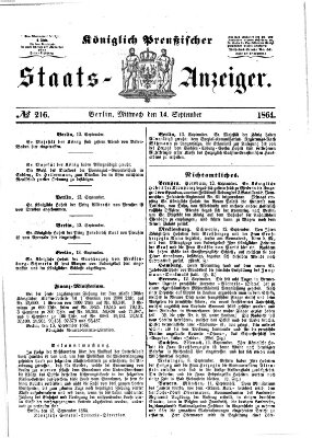 Königlich Preußischer Staats-Anzeiger (Allgemeine preußische Staats-Zeitung) Mittwoch 14. September 1864