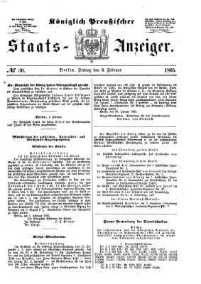 Königlich Preußischer Staats-Anzeiger (Allgemeine preußische Staats-Zeitung) Freitag 3. Februar 1865