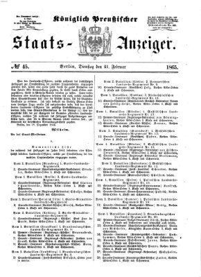 Königlich Preußischer Staats-Anzeiger (Allgemeine preußische Staats-Zeitung) Dienstag 21. Februar 1865