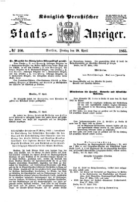 Königlich Preußischer Staats-Anzeiger (Allgemeine preußische Staats-Zeitung) Freitag 28. April 1865