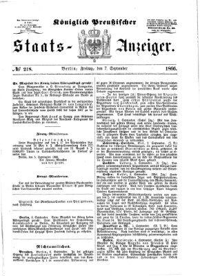 Königlich Preußischer Staats-Anzeiger (Allgemeine preußische Staats-Zeitung) Freitag 7. September 1866