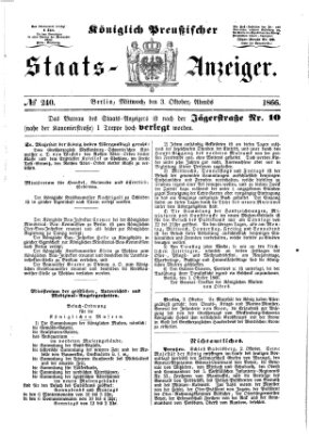 Königlich Preußischer Staats-Anzeiger (Allgemeine preußische Staats-Zeitung) Mittwoch 3. Oktober 1866