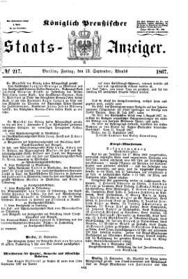 Königlich Preußischer Staats-Anzeiger (Allgemeine preußische Staats-Zeitung) Freitag 13. September 1867