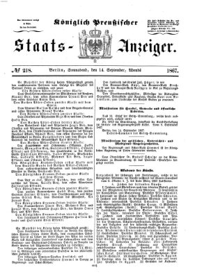 Königlich Preußischer Staats-Anzeiger (Allgemeine preußische Staats-Zeitung) Samstag 14. September 1867