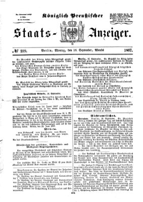 Königlich Preußischer Staats-Anzeiger (Allgemeine preußische Staats-Zeitung) Montag 16. September 1867