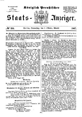 Königlich Preußischer Staats-Anzeiger (Allgemeine preußische Staats-Zeitung) Donnerstag 3. Oktober 1867