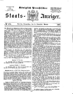 Königlich Preußischer Staats-Anzeiger (Allgemeine preußische Staats-Zeitung) Donnerstag 14. November 1867