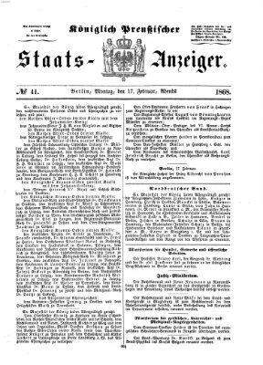 Königlich Preußischer Staats-Anzeiger (Allgemeine preußische Staats-Zeitung) Montag 17. Februar 1868