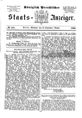 Königlich Preußischer Staats-Anzeiger (Allgemeine preußische Staats-Zeitung) Mittwoch 16. September 1868