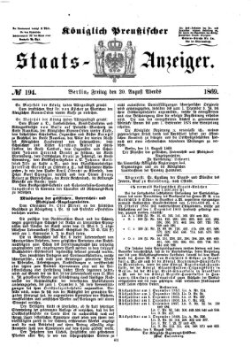 Königlich Preußischer Staats-Anzeiger (Allgemeine preußische Staats-Zeitung) Freitag 20. August 1869