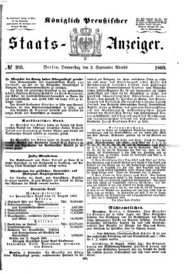 Königlich Preußischer Staats-Anzeiger (Allgemeine preußische Staats-Zeitung) Donnerstag 2. September 1869