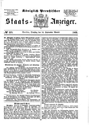 Königlich Preußischer Staats-Anzeiger (Allgemeine preußische Staats-Zeitung) Dienstag 14. September 1869