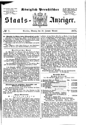 Königlich Preußischer Staats-Anzeiger (Allgemeine preußische Staats-Zeitung) Montag 10. Januar 1870