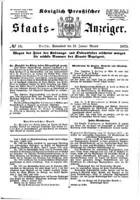 Königlich Preußischer Staats-Anzeiger (Allgemeine preußische Staats-Zeitung) Samstag 22. Januar 1870