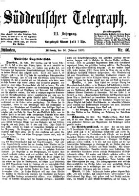 Süddeutscher Telegraph Mittwoch 16. Februar 1870