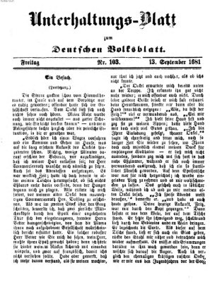 Deutsches Volksblatt für das Main- und Nachbar-Land. Unterhaltungs-Blatt zum Deutschen Volksblatt (Deutsches Volksblatt für das Main- und Nachbar-Land) Freitag 13. September 1861