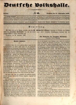 Deutsche Volkshalle Freitag 27. September 1839