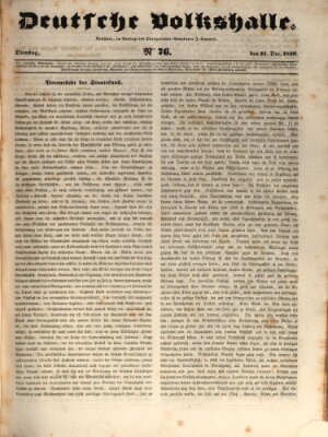 Deutsche Volkshalle Dienstag 31. Dezember 1839