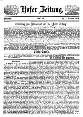 Hofer Zeitung Mittwoch 2. Oktober 1867