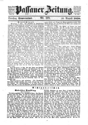 Passauer Zeitung Dienstag 10. August 1858