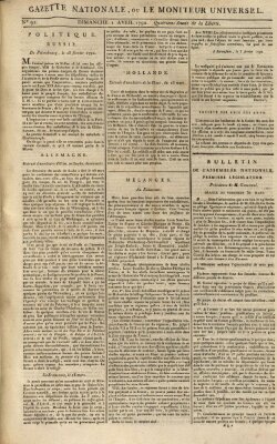 Gazette nationale, ou le moniteur universel (Le moniteur universel) Sonntag 1. April 1792