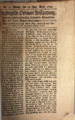 Augsburgische Ordinari Postzeitung von Staats-, gelehrten, historisch- u. ökonomischen Neuigkeiten (Augsburger Postzeitung) Montag 13. Januar 1794