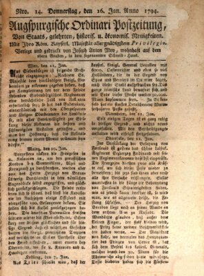 Augsburgische Ordinari Postzeitung von Staats-, gelehrten, historisch- u. ökonomischen Neuigkeiten (Augsburger Postzeitung) Donnerstag 16. Januar 1794