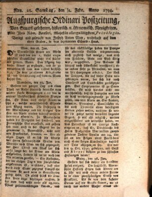 Augsburgische Ordinari Postzeitung von Staats-, gelehrten, historisch- u. ökonomischen Neuigkeiten (Augsburger Postzeitung) Samstag 1. Februar 1794