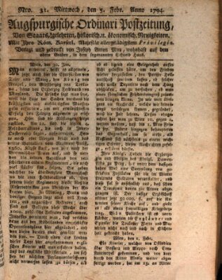 Augsburgische Ordinari Postzeitung von Staats-, gelehrten, historisch- u. ökonomischen Neuigkeiten (Augsburger Postzeitung) Mittwoch 5. Februar 1794