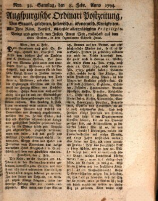 Augsburgische Ordinari Postzeitung von Staats-, gelehrten, historisch- u. ökonomischen Neuigkeiten (Augsburger Postzeitung) Samstag 8. Februar 1794