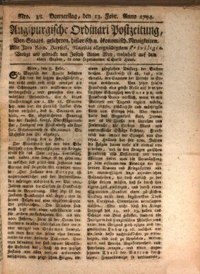 Augsburgische Ordinari Postzeitung von Staats-, gelehrten, historisch- u. ökonomischen Neuigkeiten (Augsburger Postzeitung) Donnerstag 13. Februar 1794